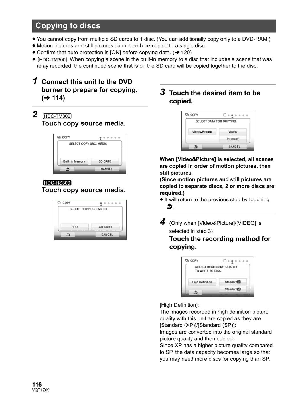 Panasonic HDC-TM300P/PC, HDC-HS300P/PC operating instructions Copying to discs, Touch the recording method for copying, 116 