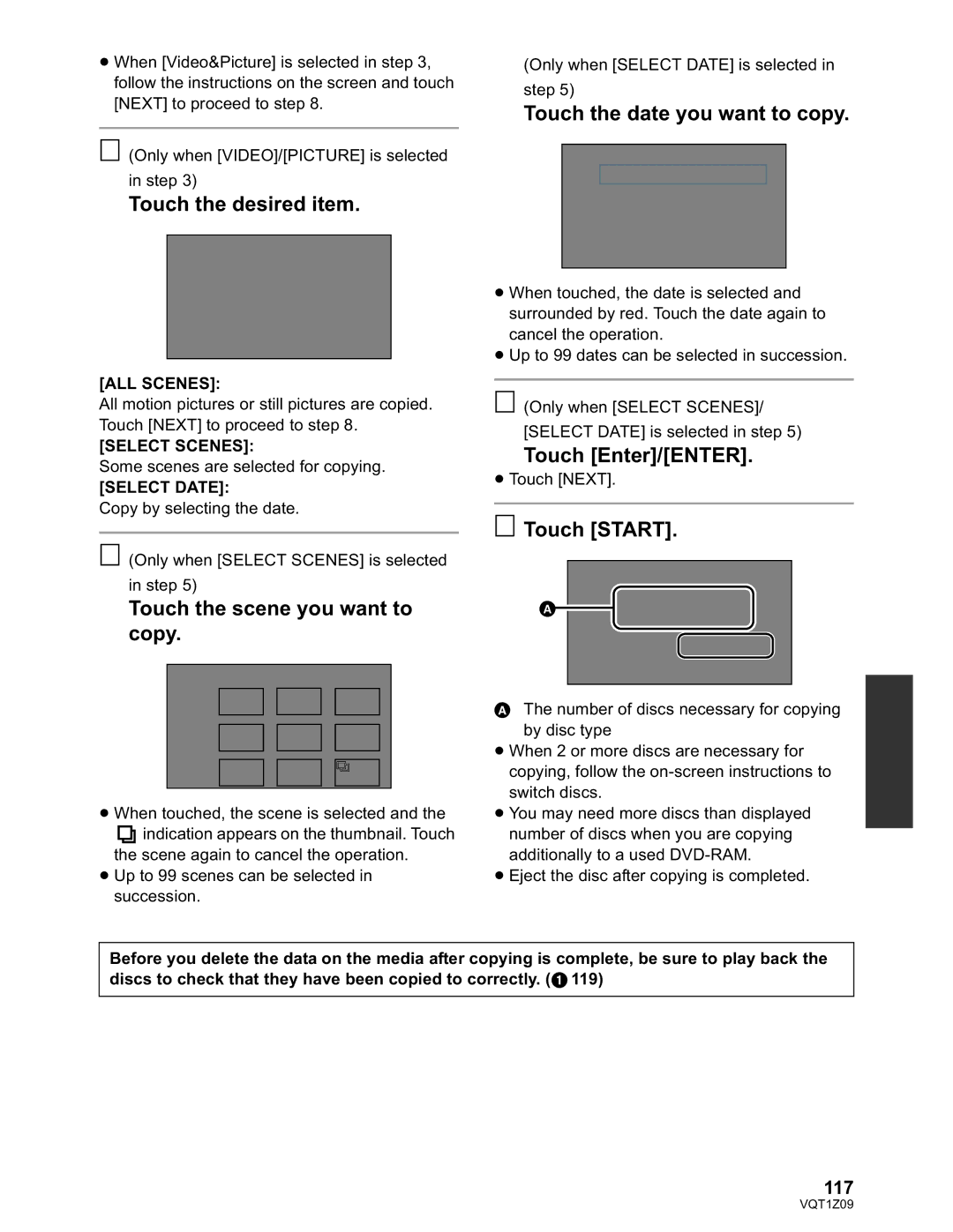 Panasonic HDC-HS300P/PC Touch the scene you want to copy, Touch the date you want to copy, Touch Enter/ENTER, 117 