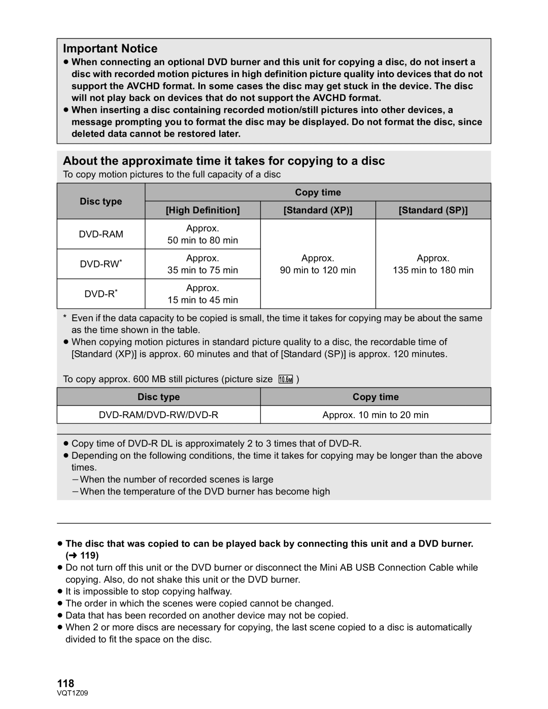 Panasonic HDC-TM300P/PC, HDC-HS300P/PC Important Notice, About the approximate time it takes for copying to a disc, 118 