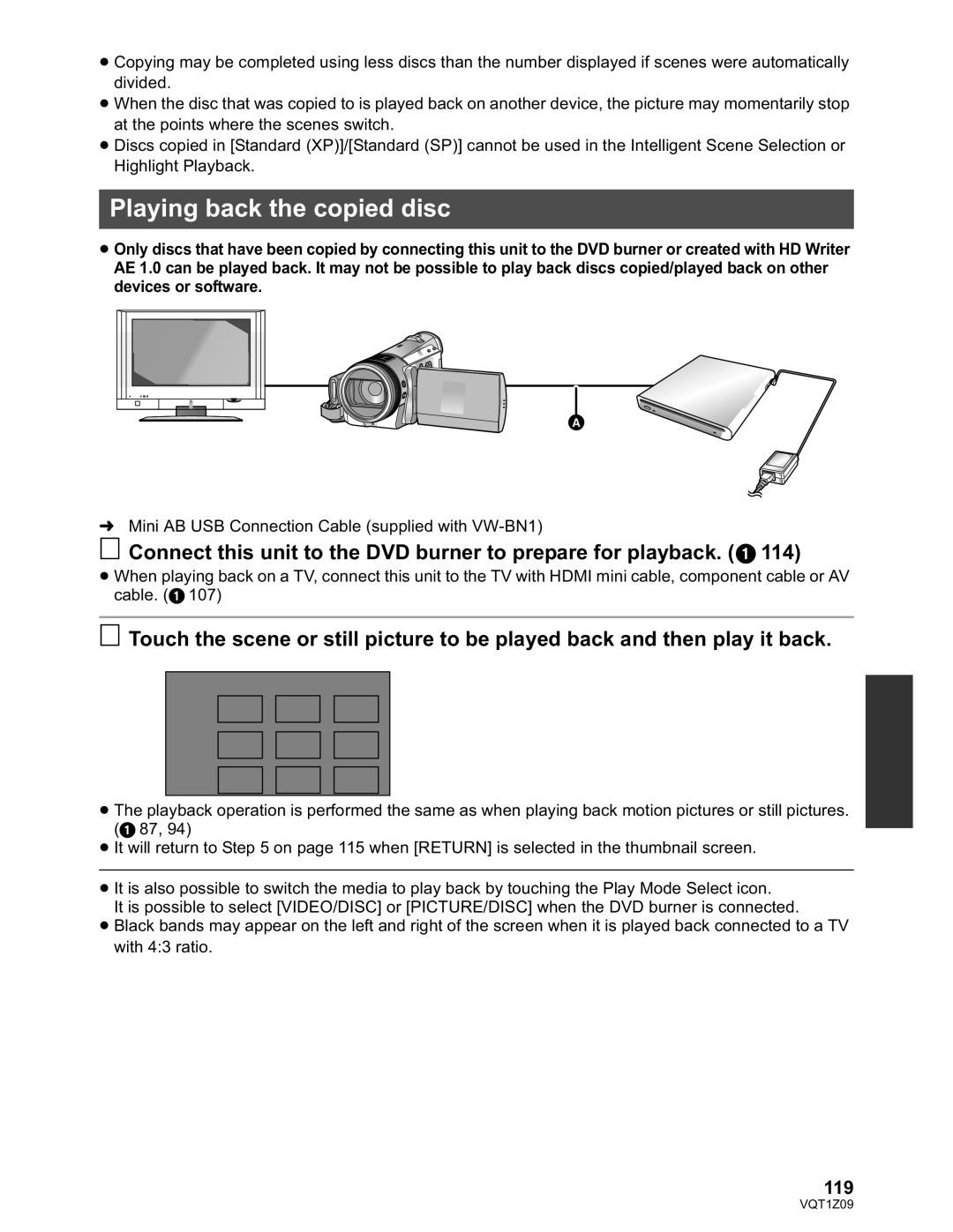 Panasonic HDC-HS300P/PC Playing back the copied disc, Connect this unit to the DVD burner to prepare for playback, 119 