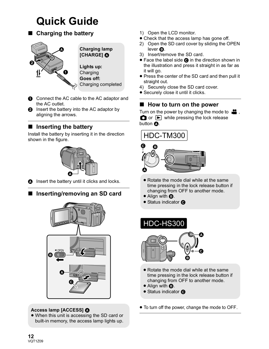 Panasonic HDC-TM300P/PC Quick Guide, Charging the battery, Inserting the battery, Inserting/removing an SD card 