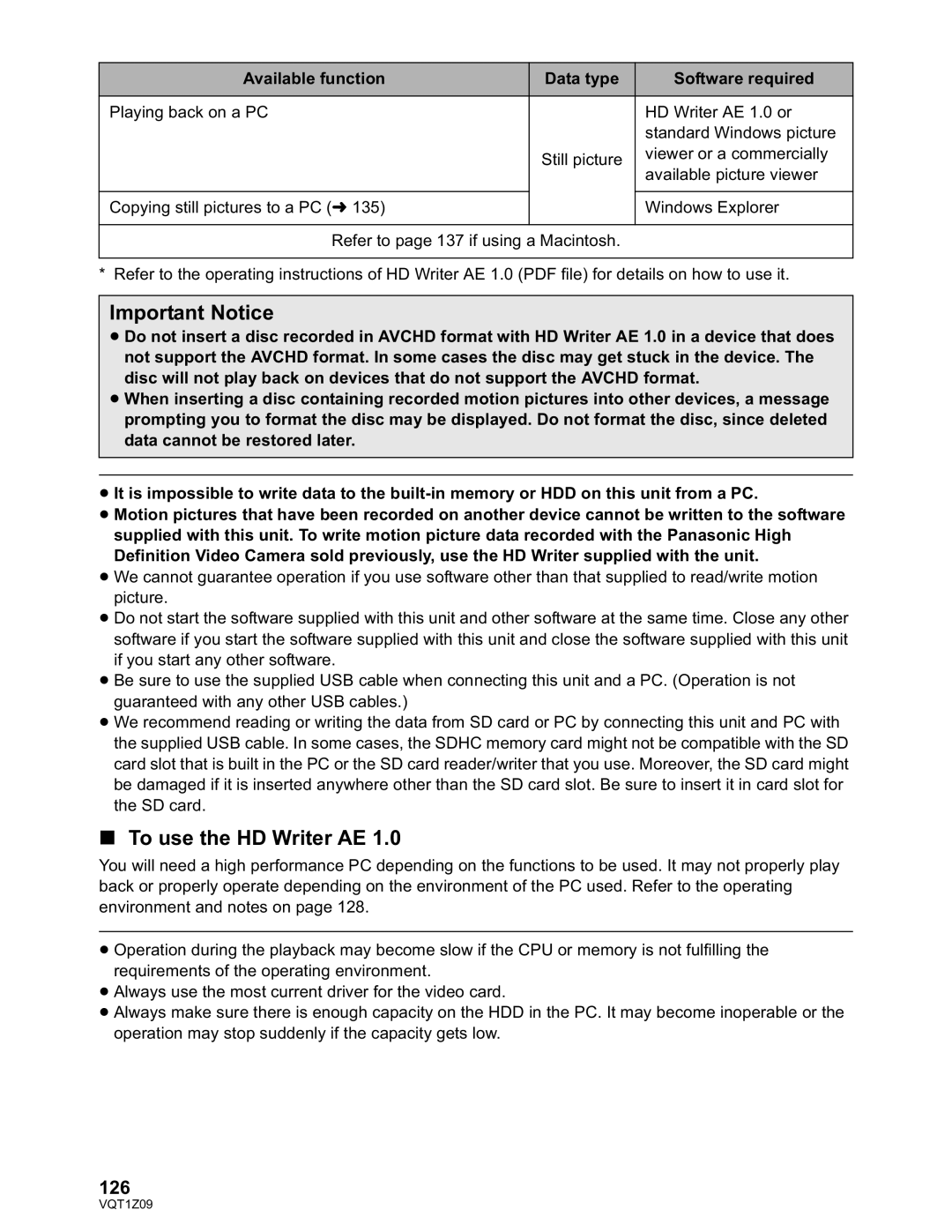 Panasonic HDC-TM300P/PC, HDC-HS300P/PC To use the HD Writer AE, 126, Available function Data type Software required 
