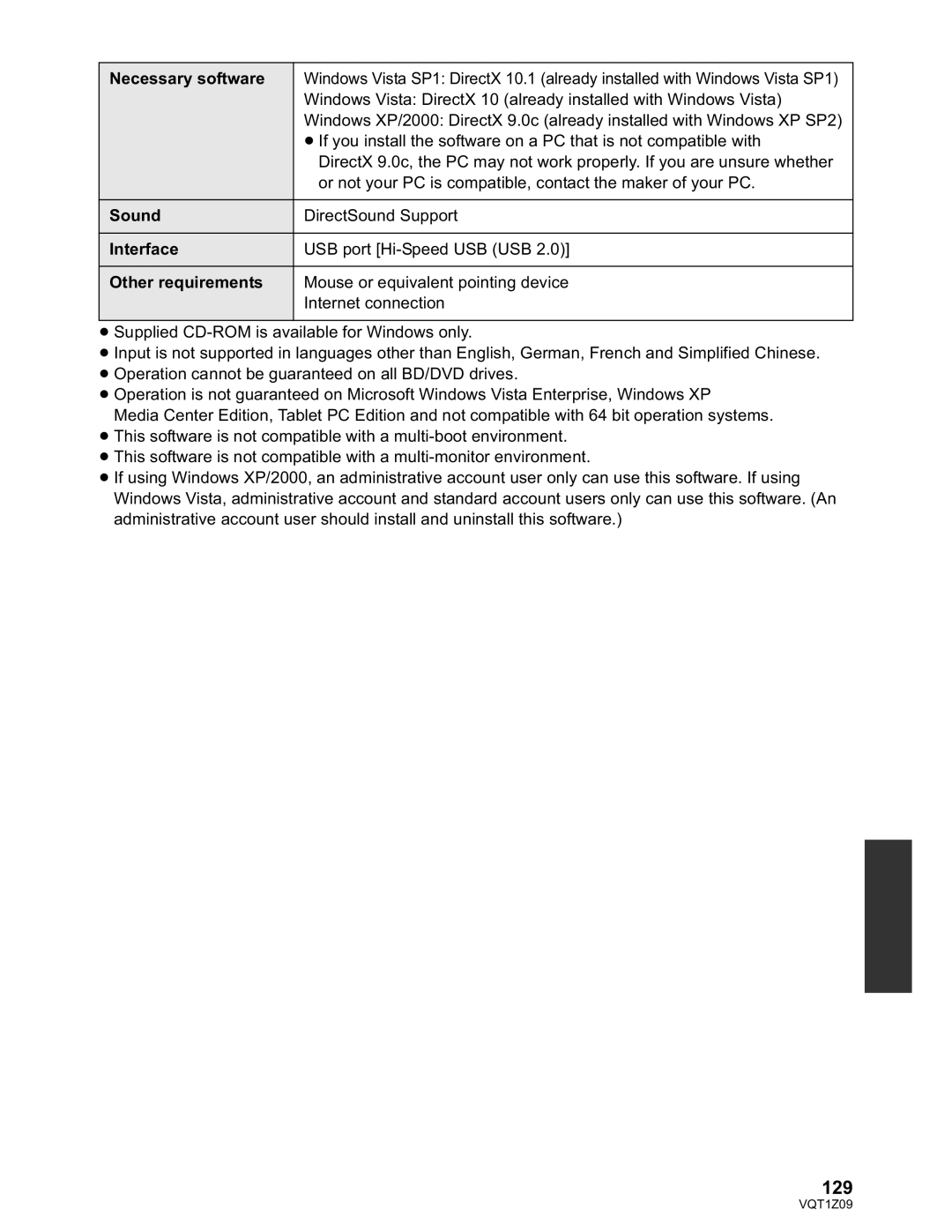 Panasonic HDC-HS300P/PC, HDC-TM300P/PC operating instructions 129, Necessary software, Sound, Interface, Other requirements 