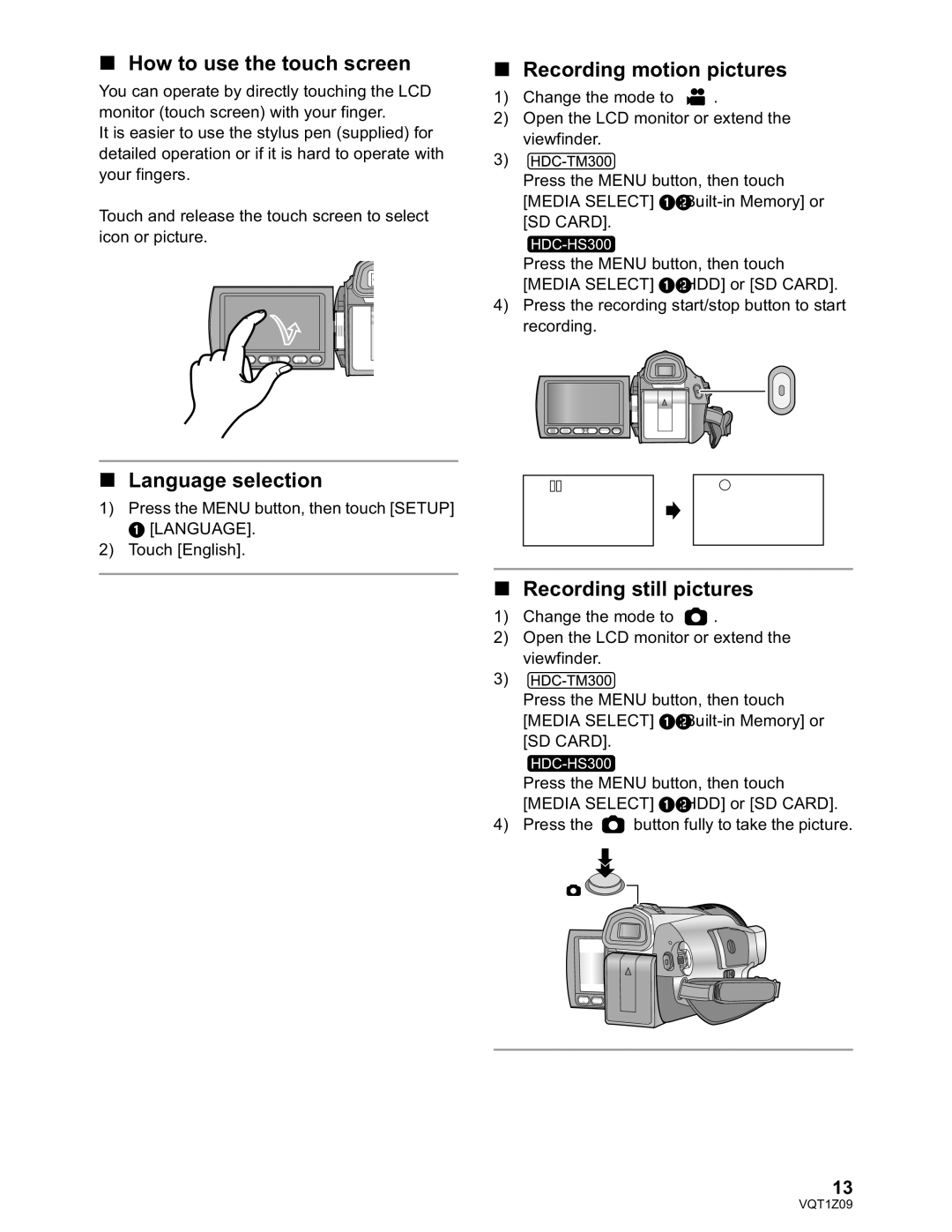 Panasonic HDC-HS300P/PC, HDC-TM300P/PC How to use the touch screen, Recording motion pictures, Language selection 