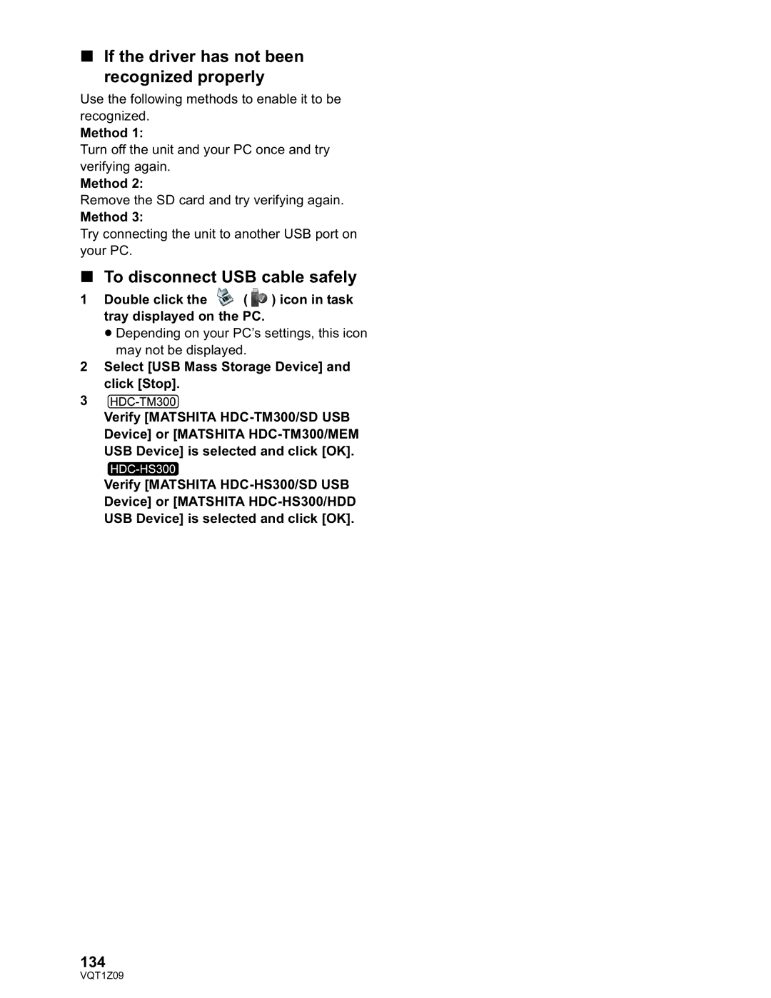 Panasonic HDC-TM300P/PC, HDC-HS300P/PC operating instructions To disconnect USB cable safely, 134, Method 