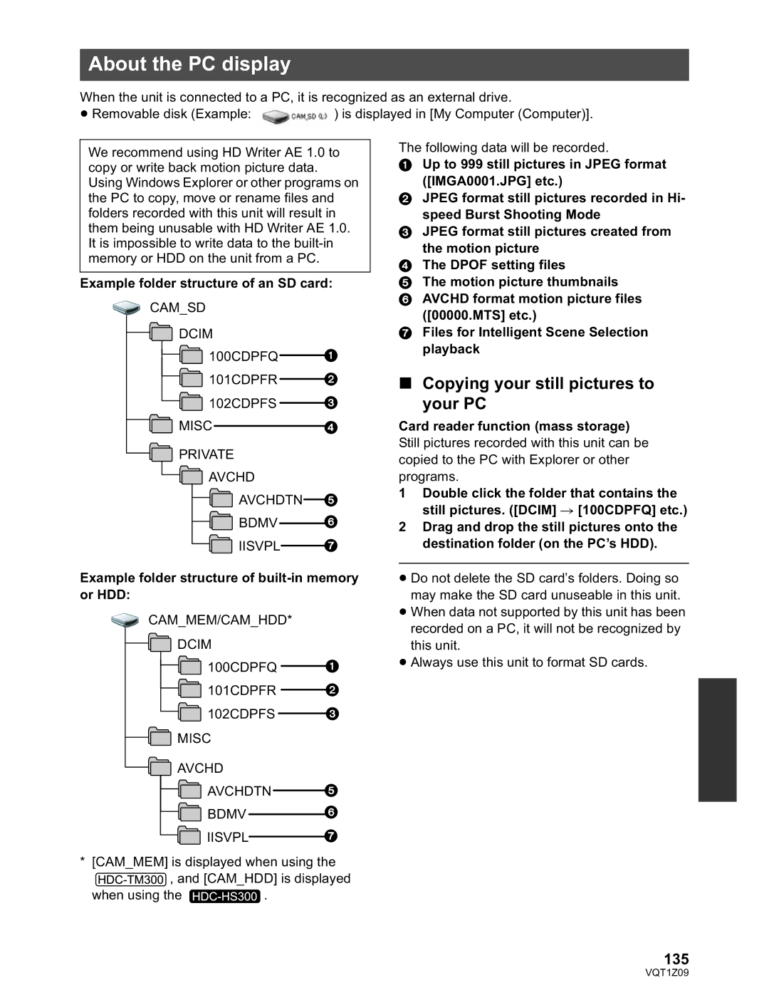 Panasonic HDC-HS300P/PC, HDC-TM300P/PC About the PC display, Copying your still pictures to your PC, 135 