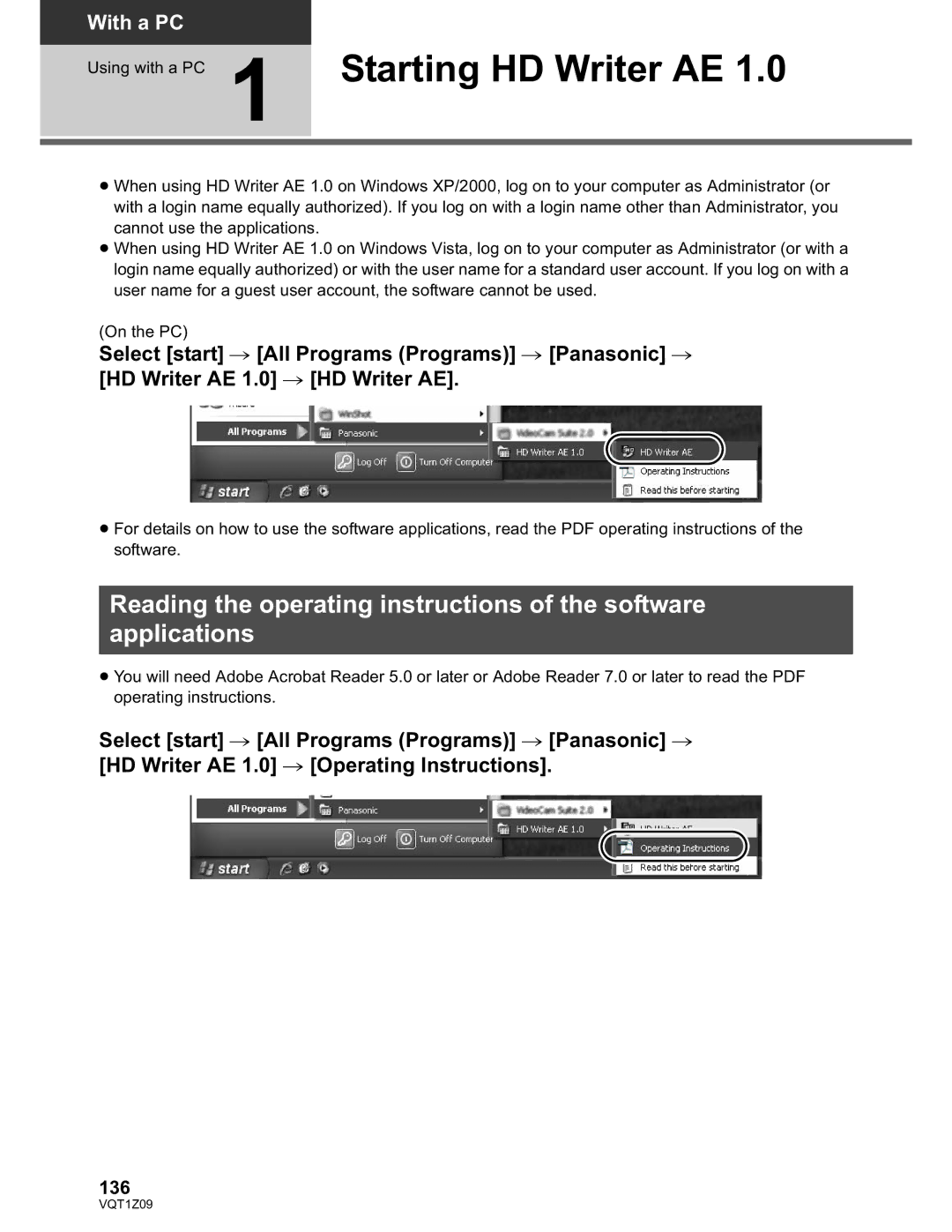 Panasonic HDC-TM300P/PC, HDC-HS300P/PC operating instructions Using with a PC 1 Starting HD Writer AE, 136 