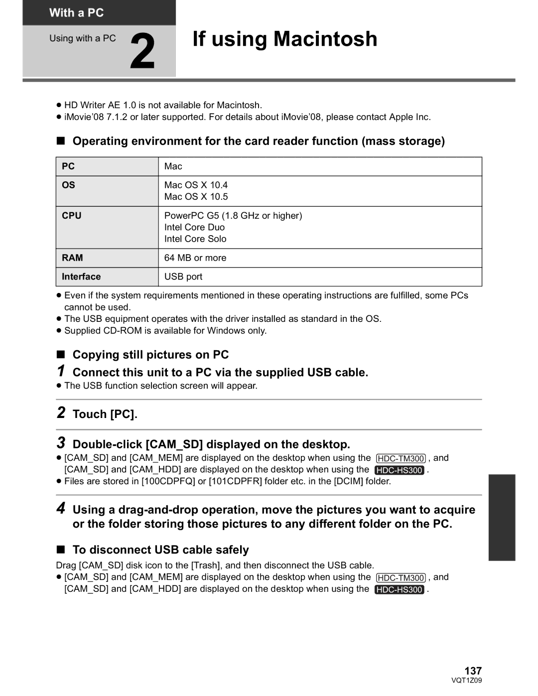 Panasonic HDC-HS300P/PC, HDC-TM300P/PC If using Macintosh, Touch PC Double-click Camsd displayed on the desktop, 137 