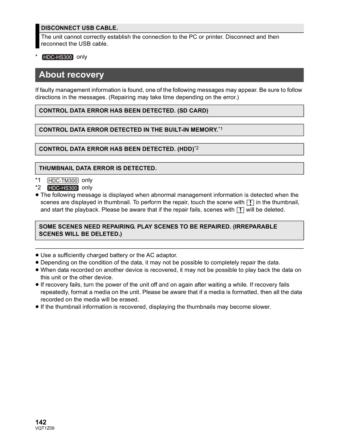 Panasonic HDC-TM300P/PC, HDC-HS300P/PC operating instructions About recovery, 142, Disconnect USB Cable 