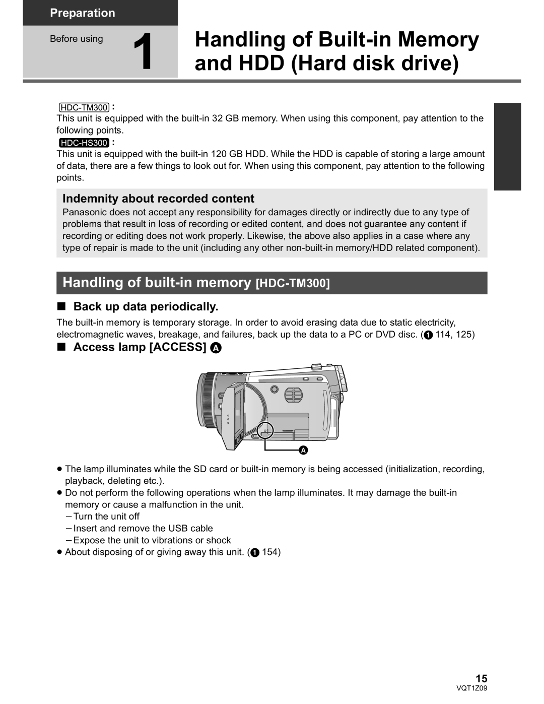 Panasonic HDC-HS300P/PC Handling of Built-in Memory, HDD Hard disk drive, Handling of built-in memory HDC-TM300 