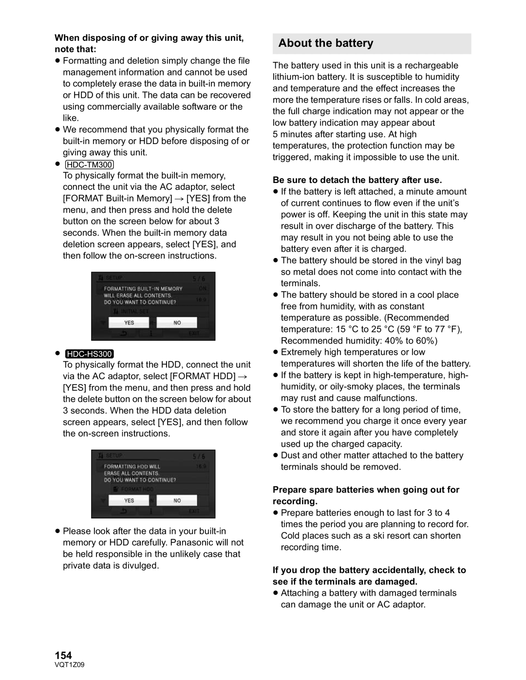 Panasonic HDC-TM300P/PC, HDC-HS300P/PC About the battery, 154, When disposing of or giving away this unit, note that 