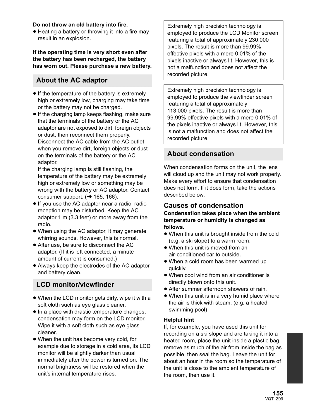 Panasonic HDC-HS300P/PC About the AC adaptor, LCD monitor/viewfinder, About condensation, Causes of condensation, 155 