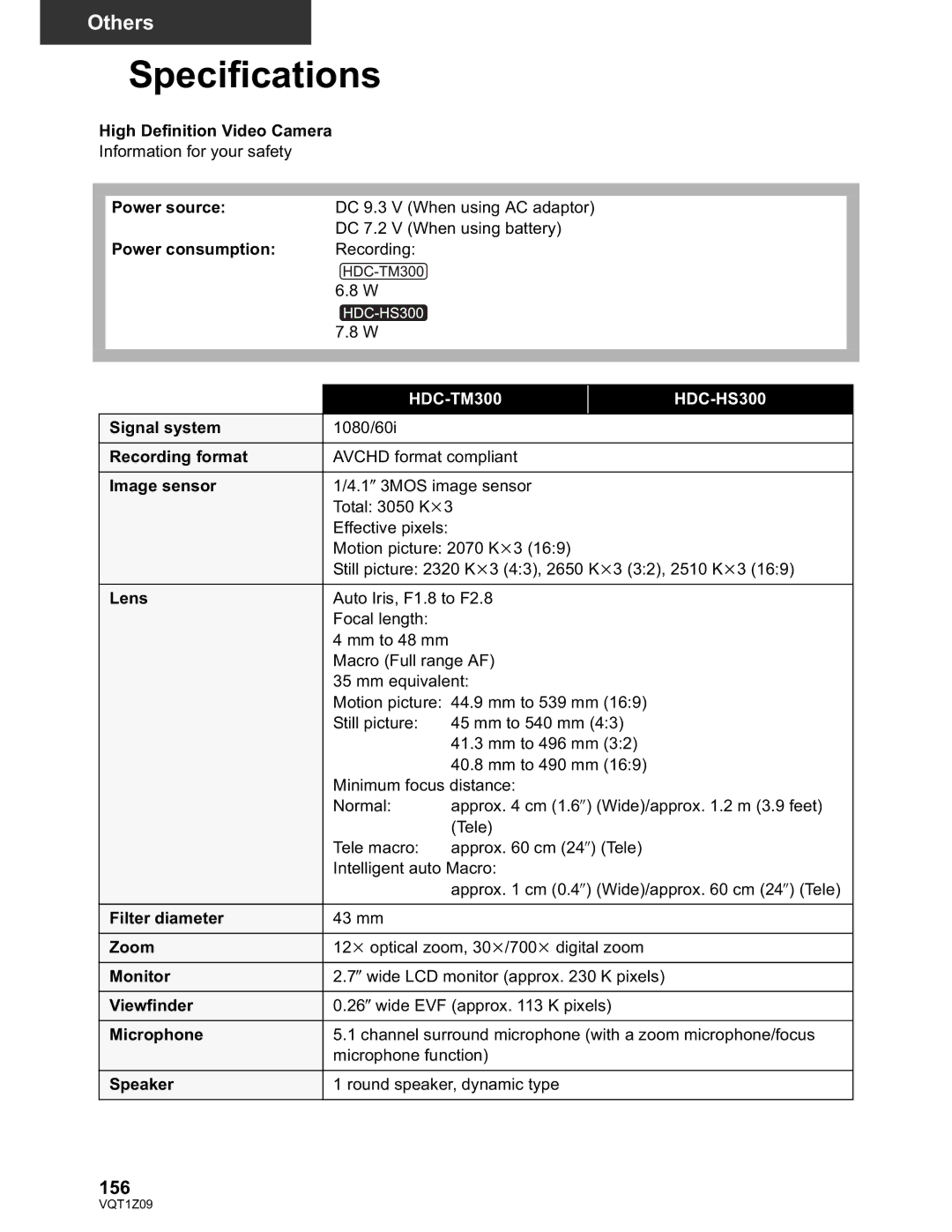 Panasonic HDC-TM300P/PC, HDC-HS300P/PC operating instructions Specifications, 156 