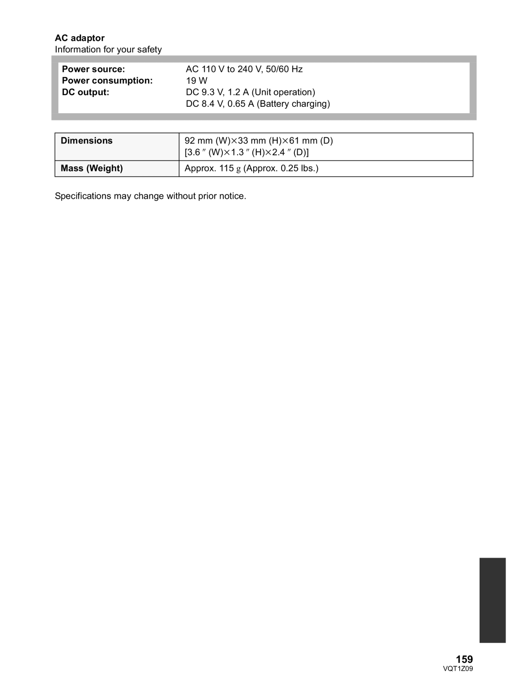 Panasonic HDC-HS300P/PC, HDC-TM300P/PC operating instructions 159, DC output 