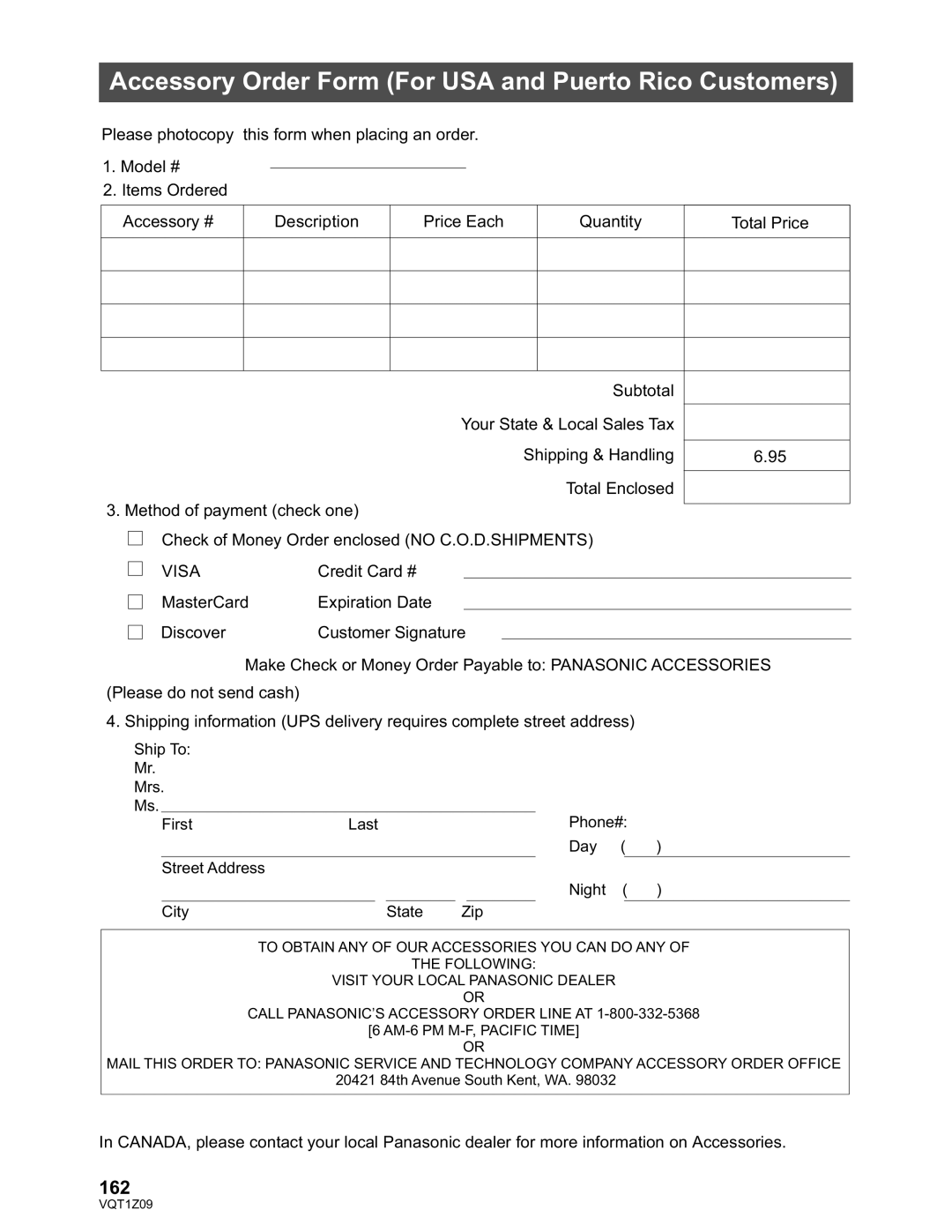 Panasonic HDC-TM300P/PC, HDC-HS300P/PC Accessory Order Form For USA and Puerto Rico Customers, 162, Visa 