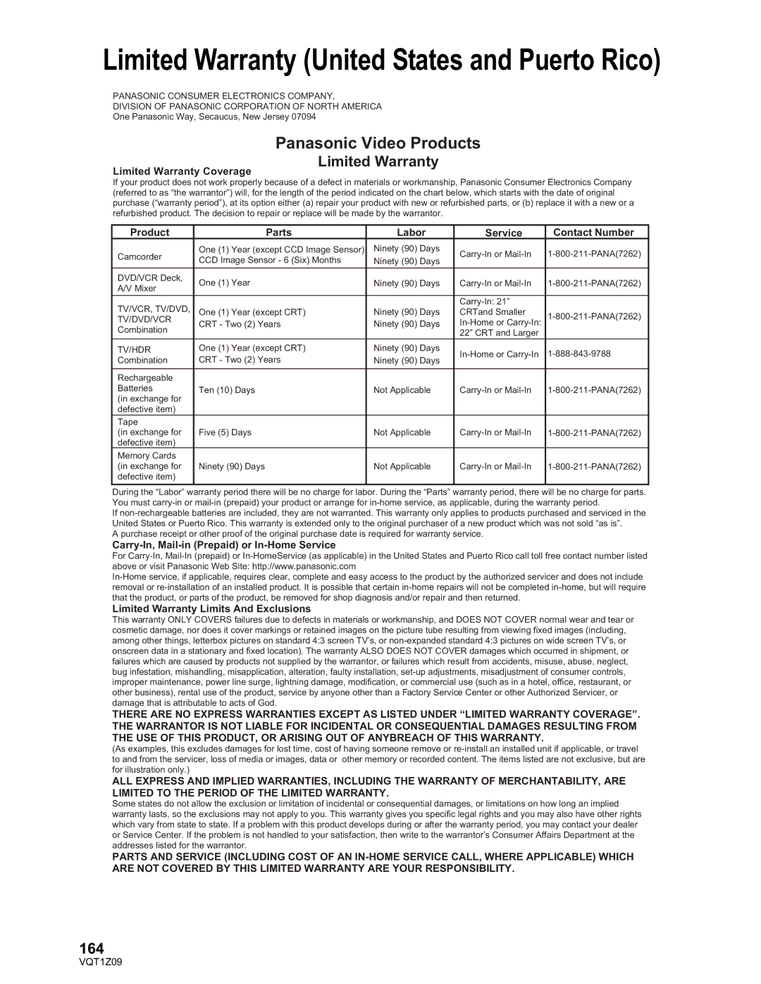 Panasonic HDC-TM300P/PC, HDC-HS300P/PC operating instructions Panasonic Video Products, Limited Warranty, 164 