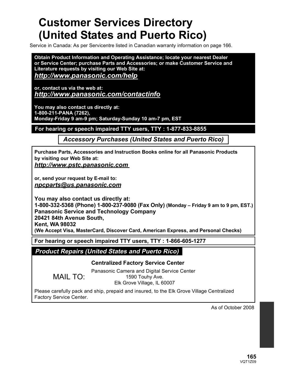 Panasonic HDC-HS300P/PC Customer Services Directory United States and Puerto Rico, Centralized Factory Service Center, 165 