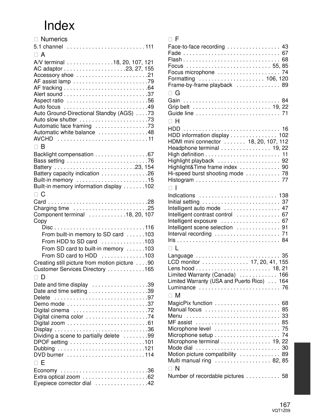 Panasonic HDC-HS300P/PC, HDC-TM300P/PC operating instructions Index, Numerics, 167 