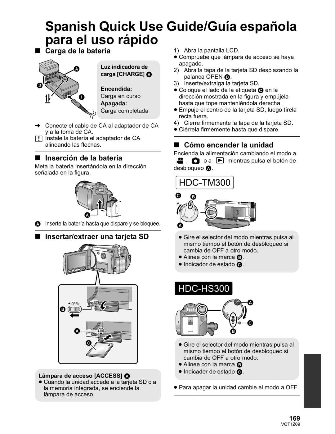 Panasonic HDC-HS300P/PC, HDC-TM300P/PC Spanish Quick Use Guide/Guía española para el uso rápido, Carga de la batería 