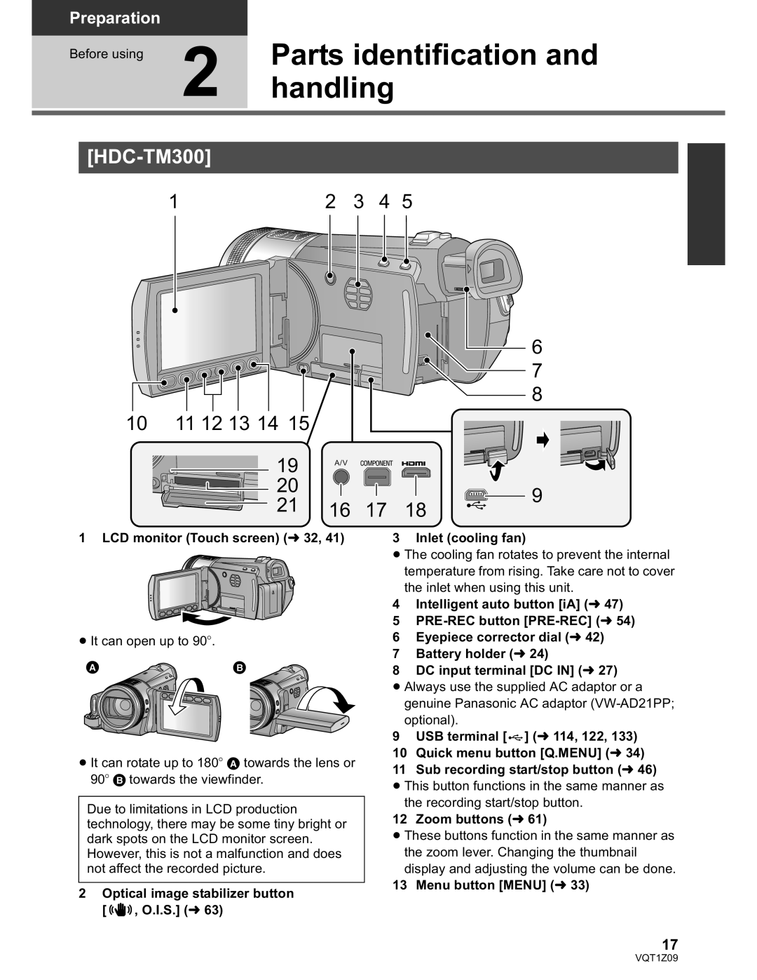 Panasonic HDC-HS300P/PC, HDC-TM300P/PC operating instructions Parts identification, Handling 