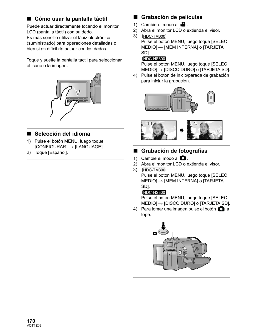 Panasonic HDC-TM300P/PC, HDC-HS300P/PC Cómo usar la pantalla táctil, Grabación de películas, Selección del idioma, 170 