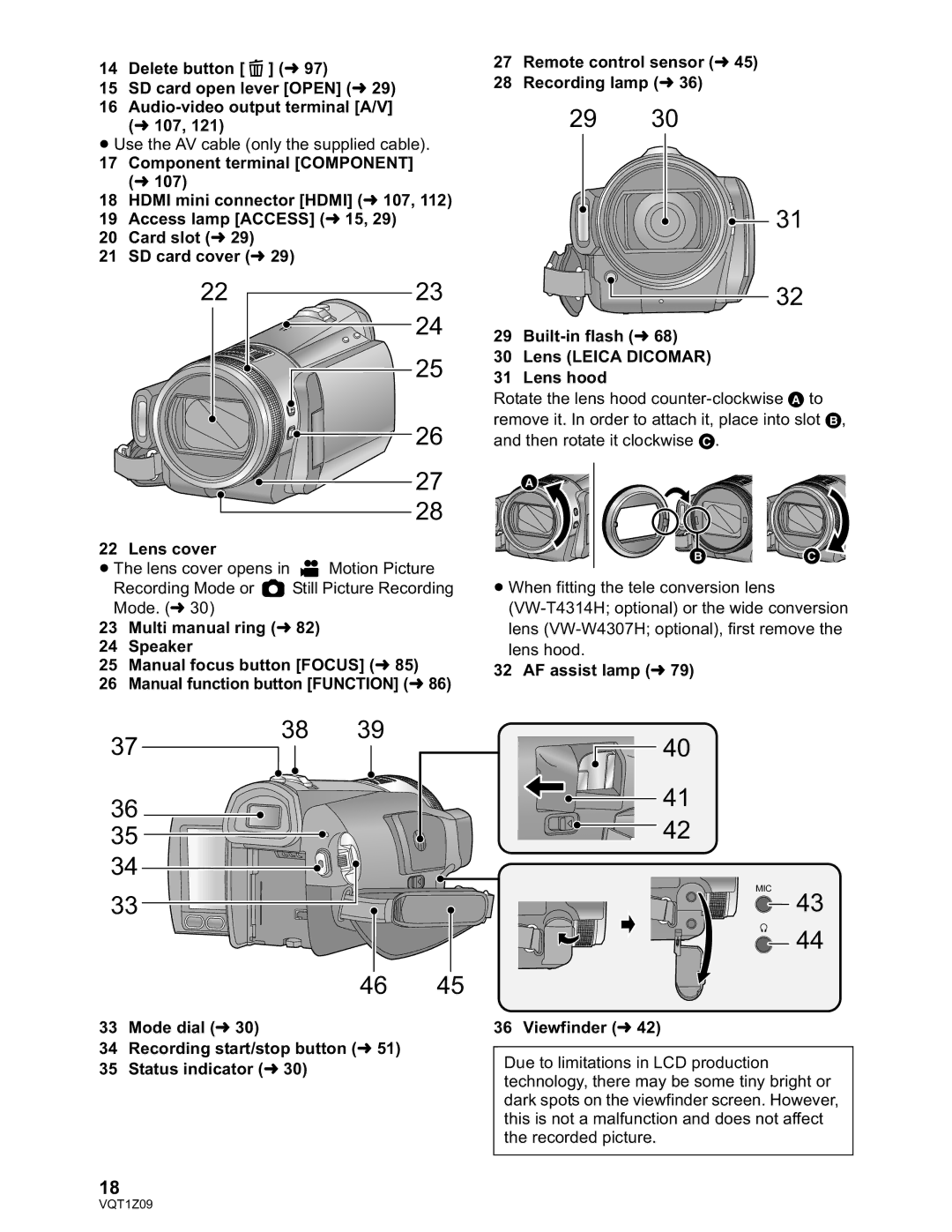 Panasonic HDC-TM300P/PC, HDC-HS300P/PC operating instructions Lens cover, Viewfinder 