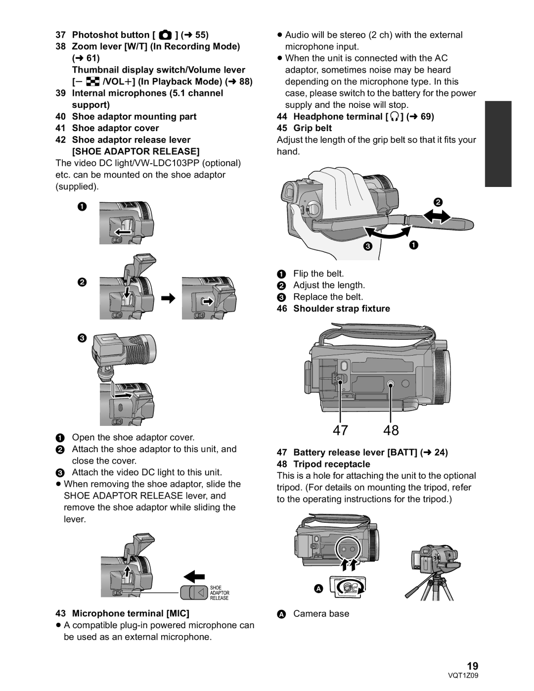 Panasonic HDC-HS300P/PC, HDC-TM300P/PC Shoe Adaptor Release, Microphone terminal MIC, Headphone terminal Grip belt 