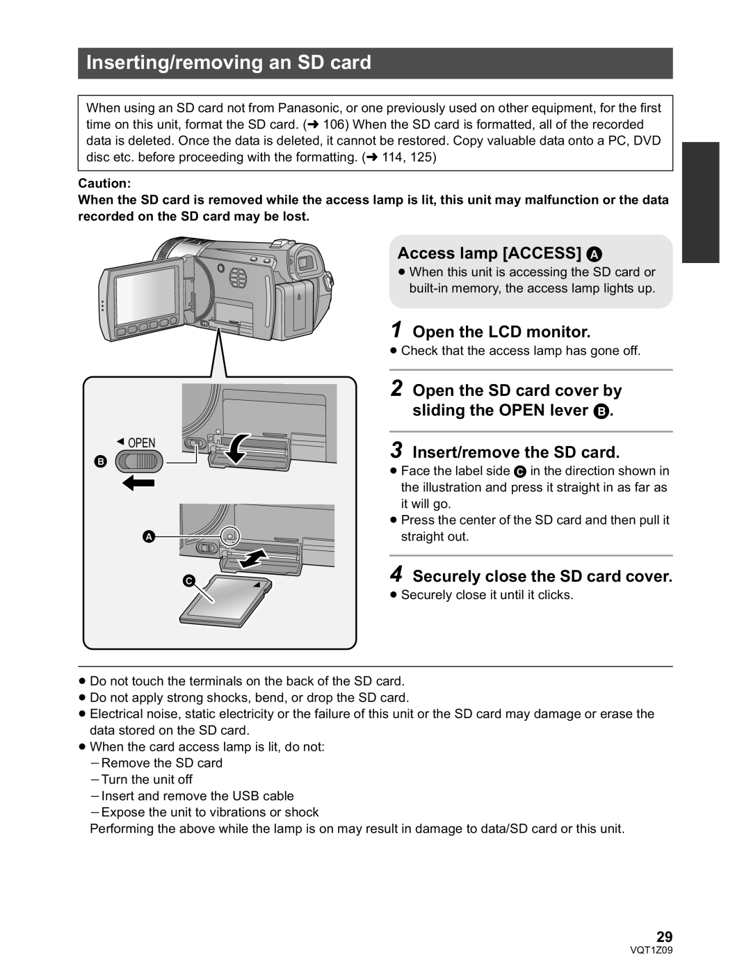 Panasonic HDC-HS300P/PC Inserting/removing an SD card, Open the LCD monitor, Securely close the SD card cover 