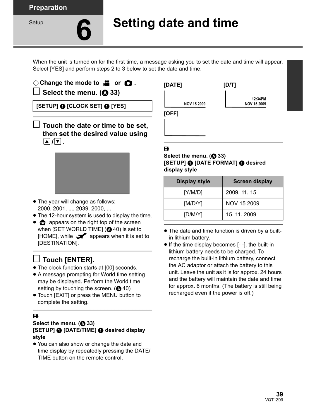 Panasonic HDC-HS300P/PC, HDC-TM300P/PC Setting date and time, Select the menu, Touch Enter, Change the mode to or 