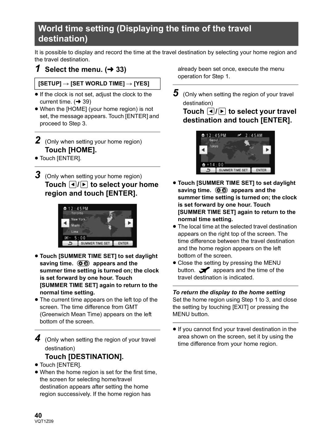 Panasonic HDC-TM300P/PC, HDC-HS300P/PC operating instructions Touch Home, Touch Destination, Setup SET World Time YES 