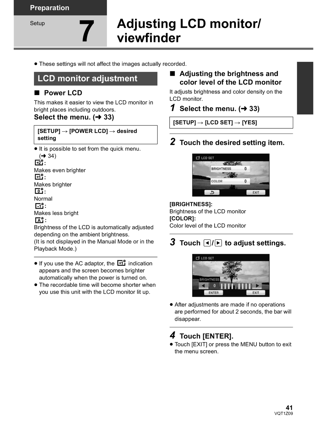 Panasonic HDC-HS300P/PC, HDC-TM300P/PC Viewfinder, LCD monitor adjustment, Power LCD, Touch the desired setting item 