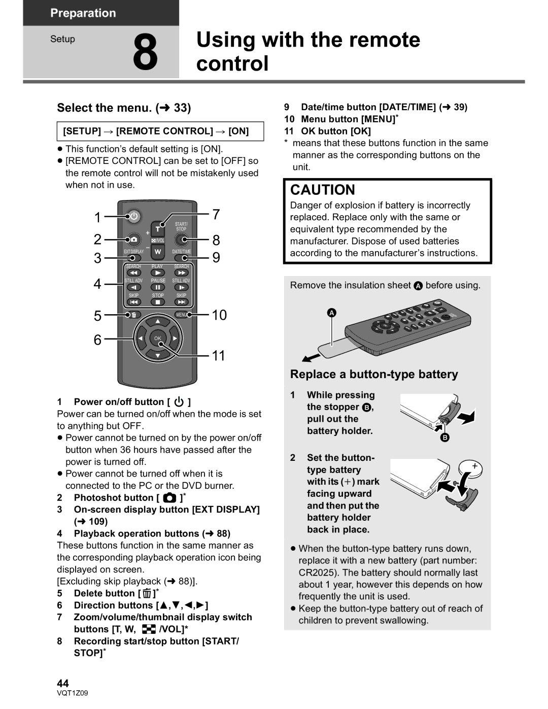 Panasonic HDC-TM300P/PC, HDC-HS300P/PC Using with the remote, Replace a button-type battery, Setup Remote Control on 