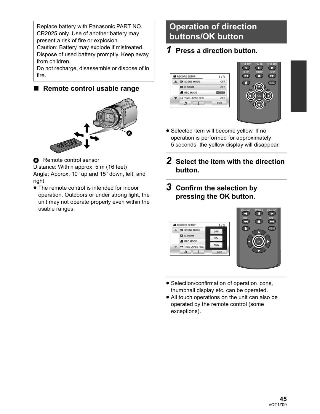 Panasonic HDC-HS300P/PC Operation of direction buttons/OK button, Remote control usable range, Press a direction button 