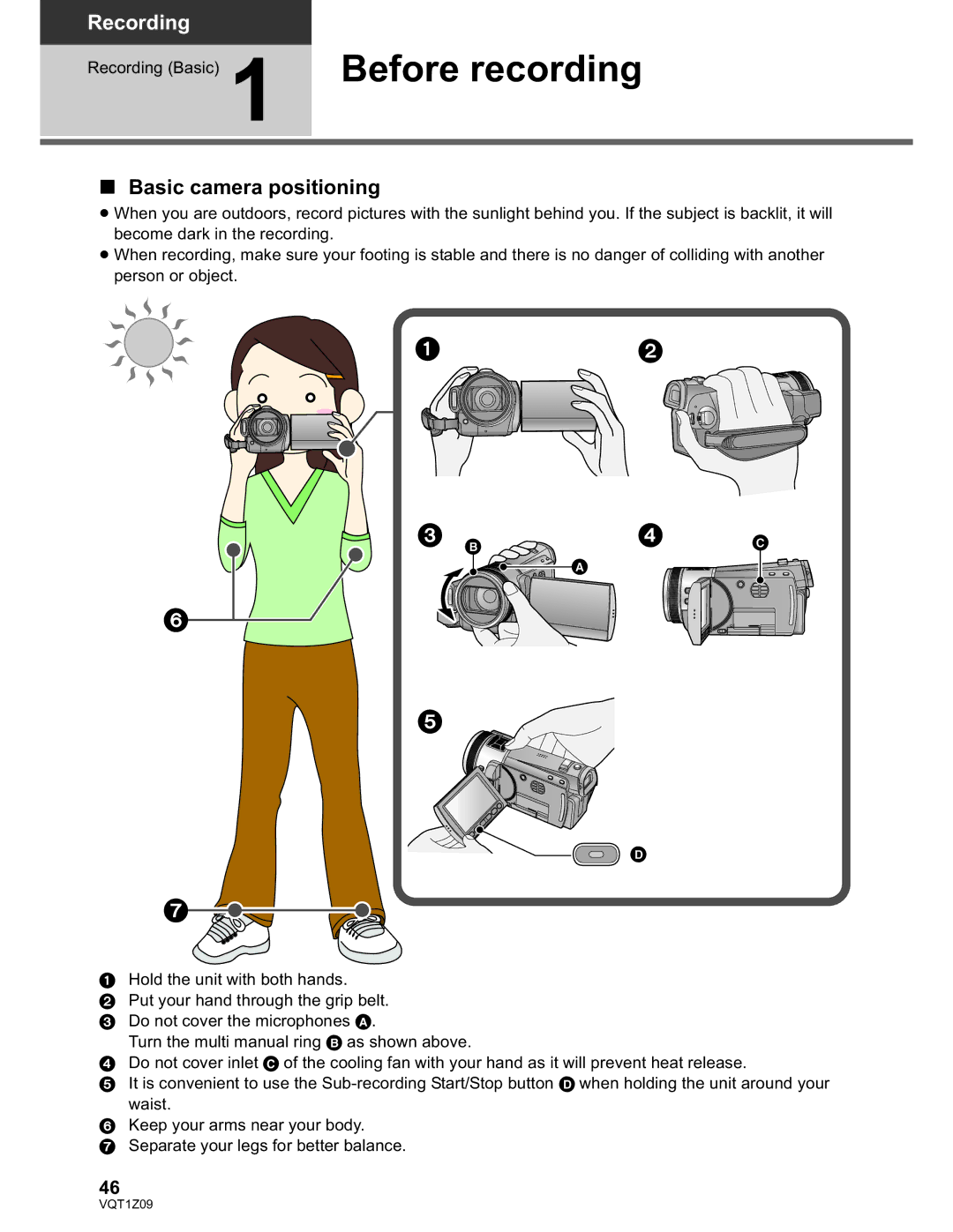 Panasonic HDC-TM300P/PC, HDC-HS300P/PC operating instructions Before recording, Basic camera positioning 