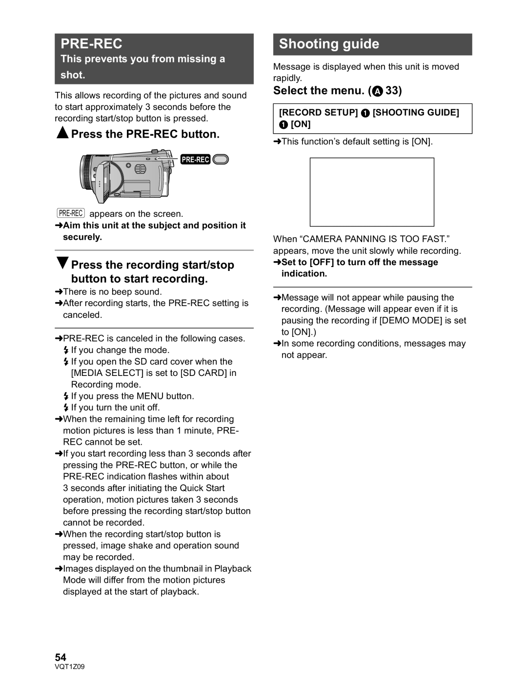 Panasonic HDC-TM300P/PC Shooting guide, Press the PRE-REC button, Aim this unit at the subject and position it securely 