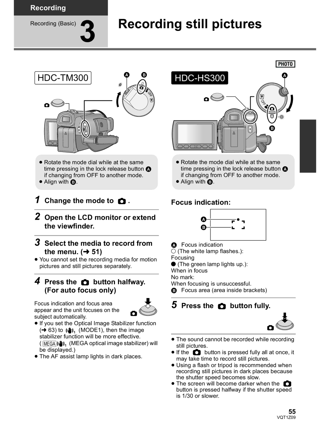 Panasonic HDC-HS300P/PC Press the button halfway. For auto focus only, Focus indication, Press the button fully 