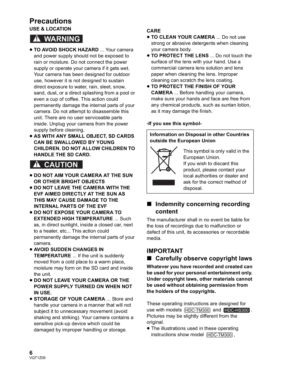 Panasonic HDC-TM300P/PC, HDC-HS300P/PC Indemnity concerning recording content, Carefully observe copyright laws 