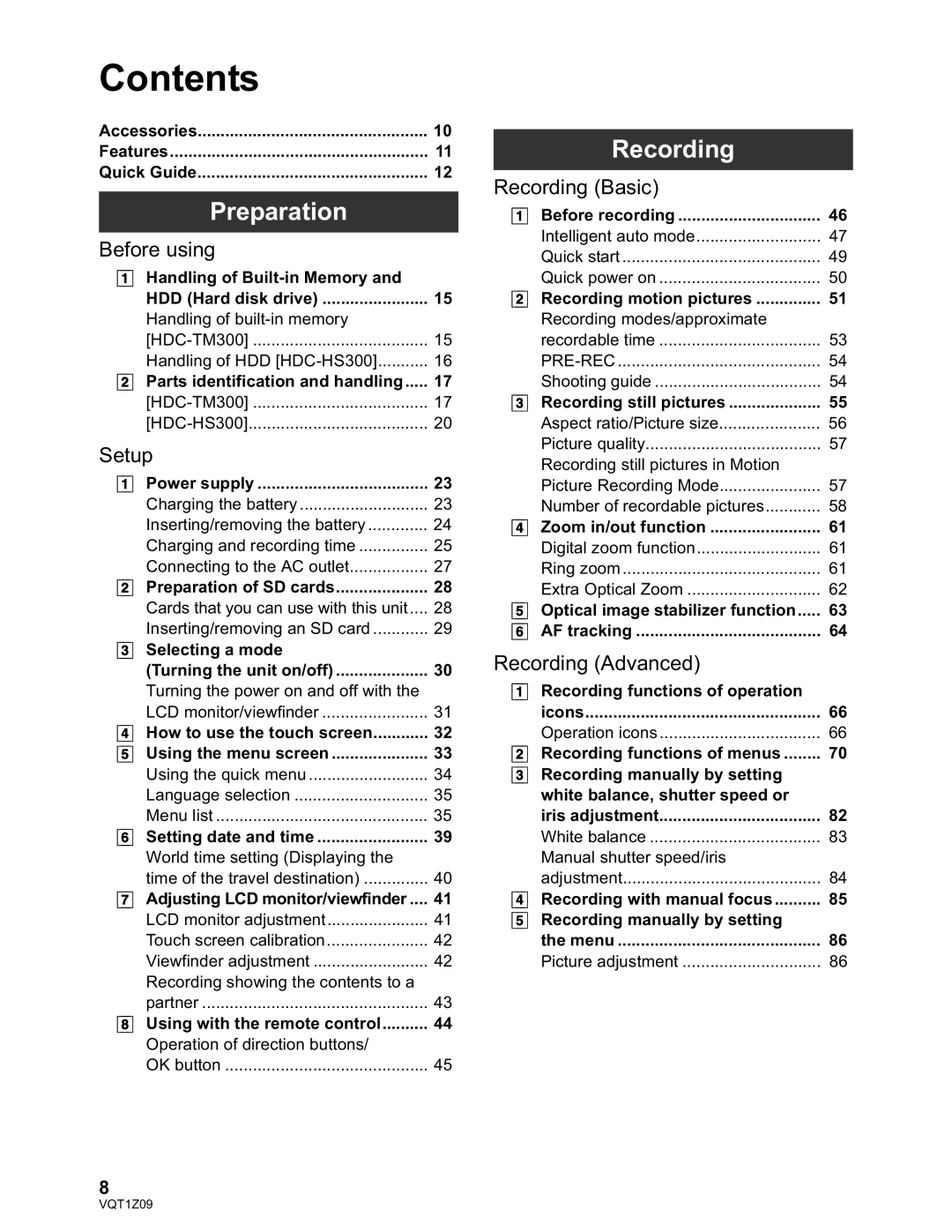 Panasonic HDC-TM300P/PC, HDC-HS300P/PC operating instructions Contents 