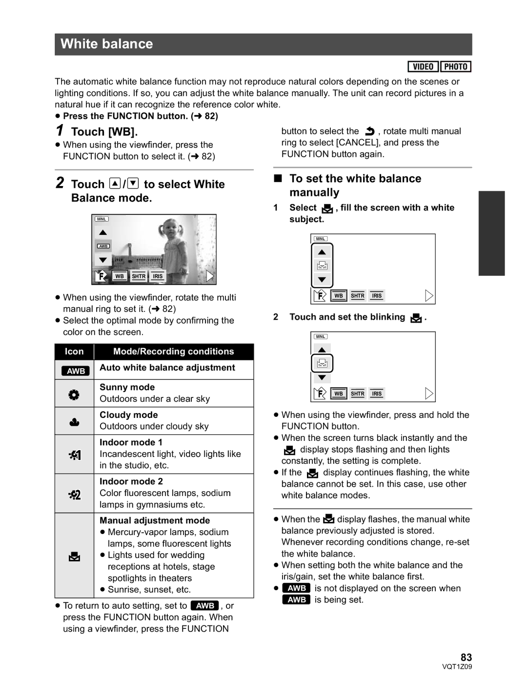 Panasonic HDC-HS300P/PC White balance, Touch WB, Touch / to select White Balance mode, To set the white balance manually 