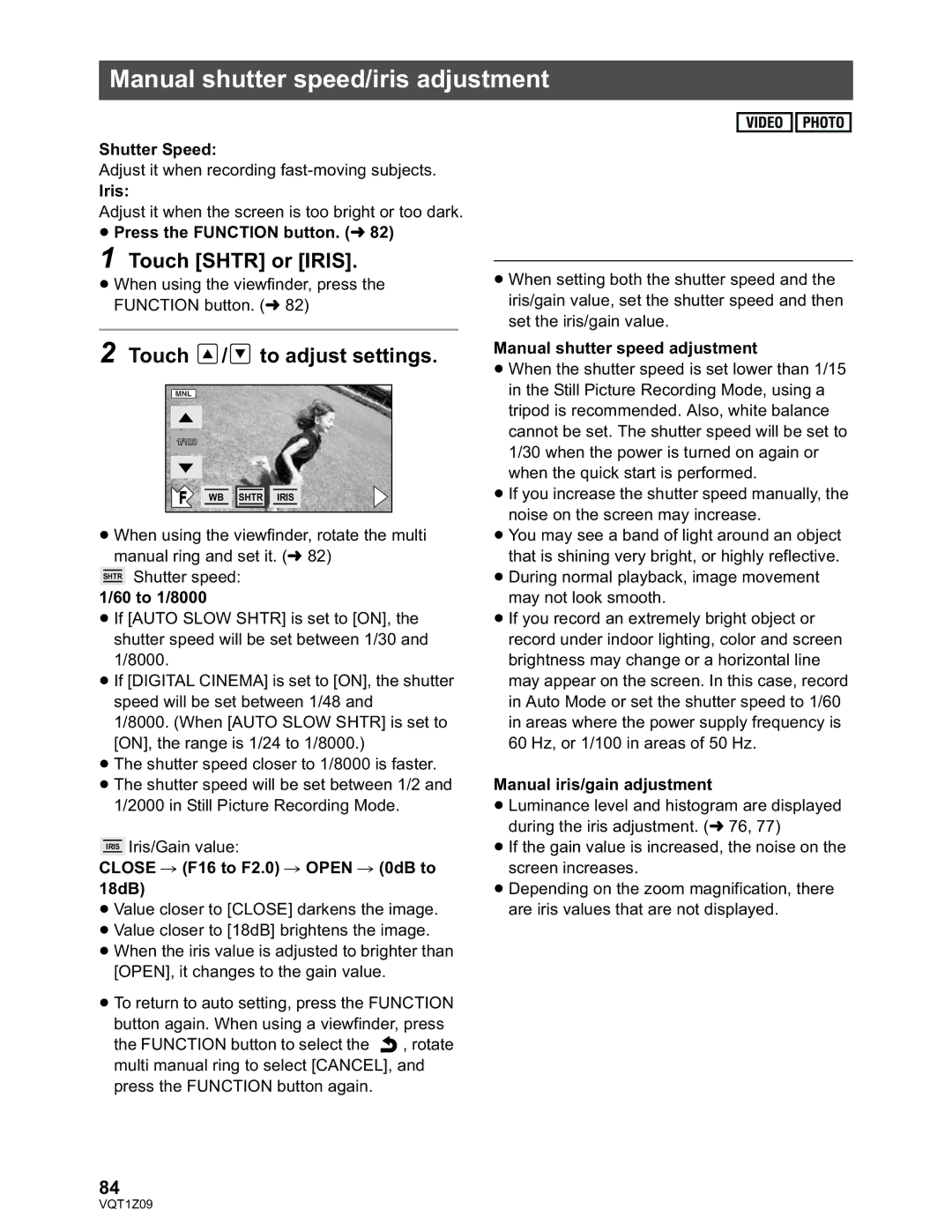 Panasonic HDC-TM300P/PC, HDC-HS300P/PC operating instructions Manual shutter speed/iris adjustment, Touch Shtr or Iris 