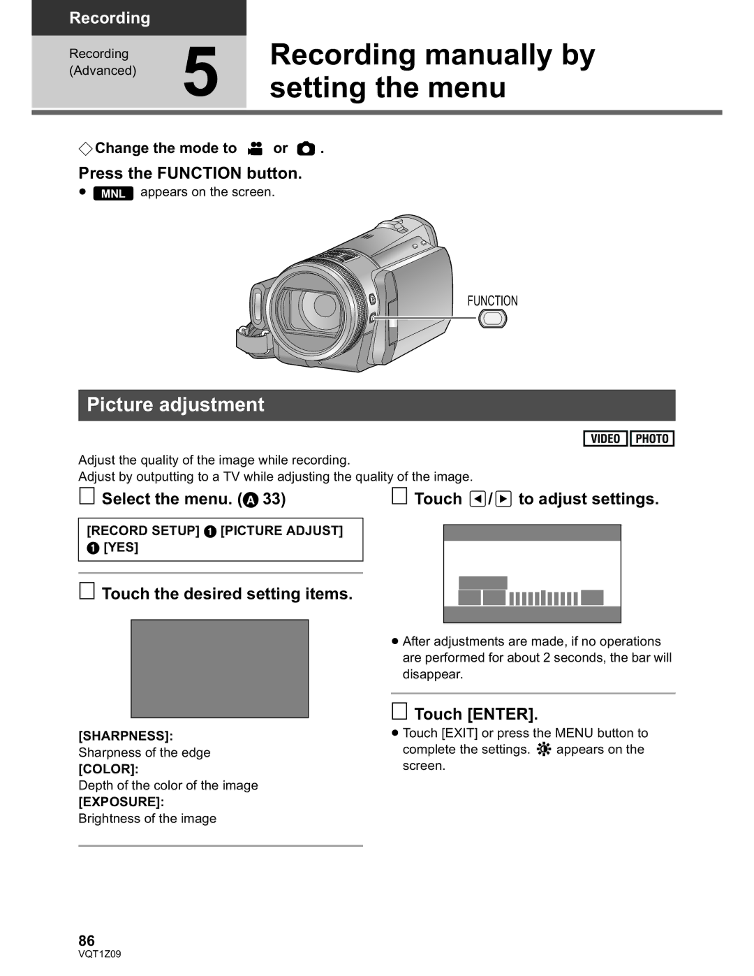 Panasonic HDC-TM300P/PC Recording manually by, Setting the menu, Picture adjustment, Touch the desired setting items 