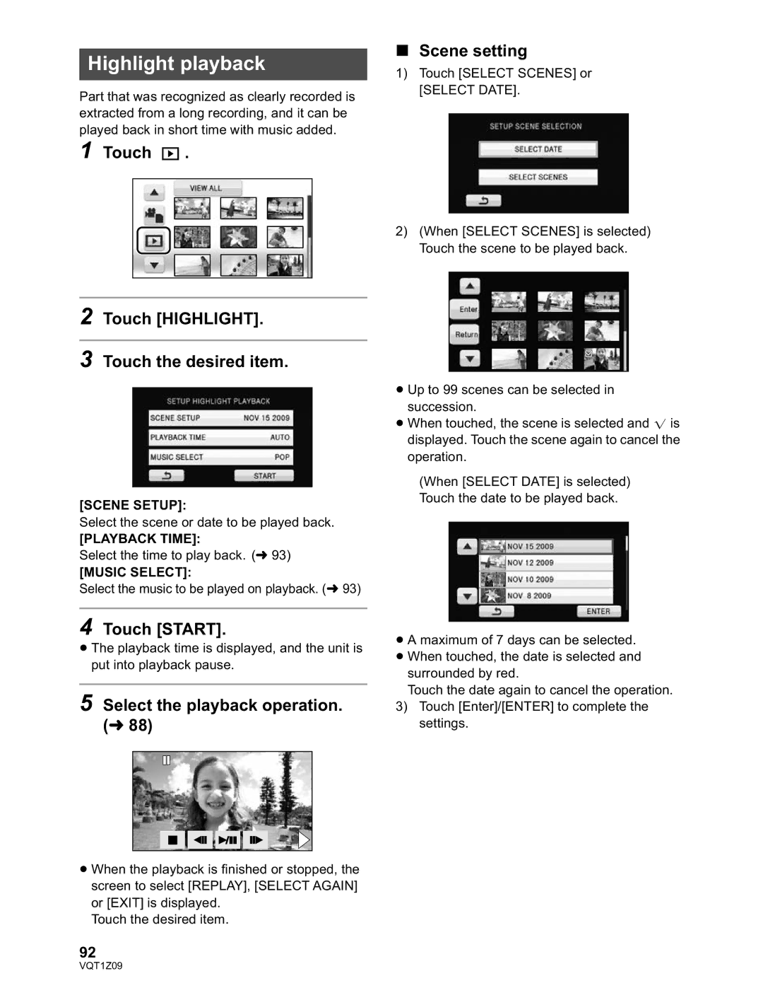 Panasonic HDC-TM300P/PC Highlight playback, Touch Scene setting, Touch Highlight Touch the desired item, Touch Start 