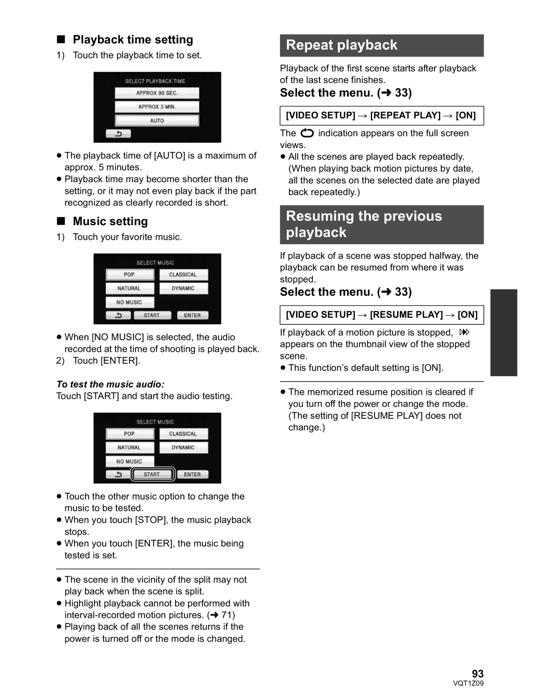 Panasonic HDC-HS300P/PC Repeat playback, Resuming the previous playback, Playback time setting, Music setting 