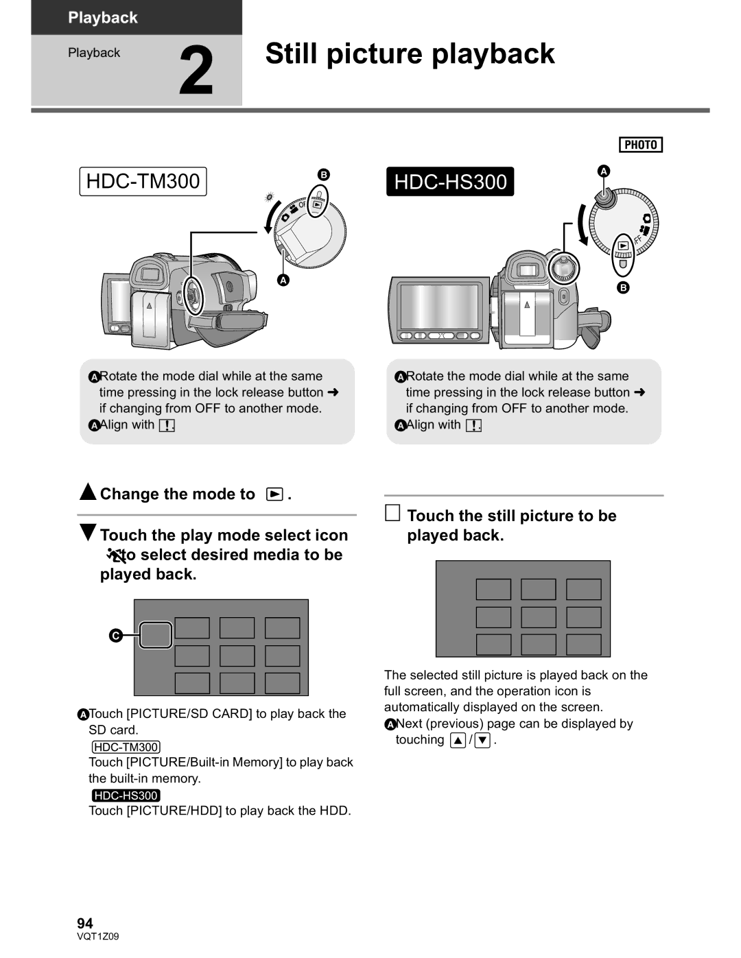 Panasonic HDC-TM300P/PC, HDC-HS300P/PC operating instructions Still picture playback 