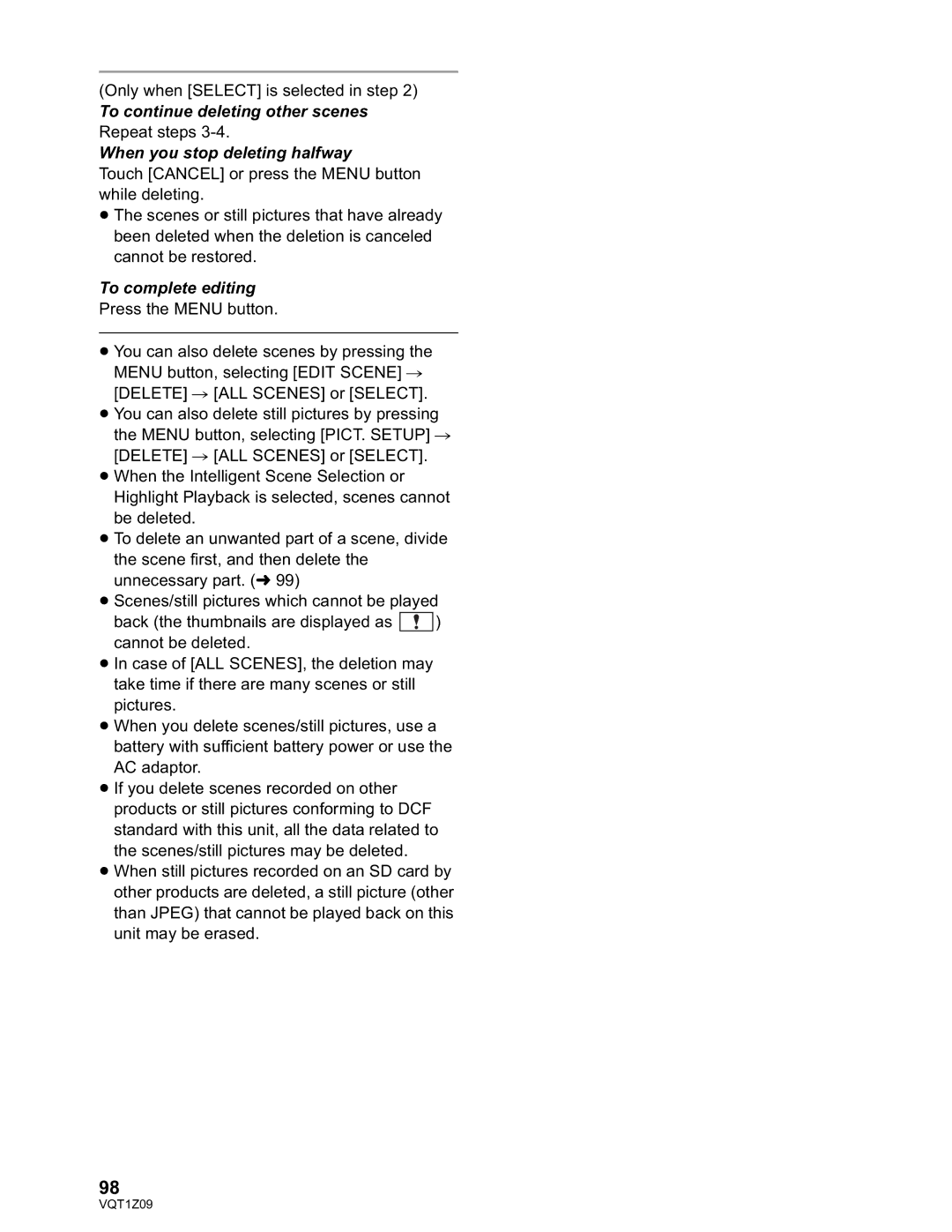 Panasonic HDC-TM300P/PC, HDC-HS300P/PC operating instructions To continue deleting other scenes 