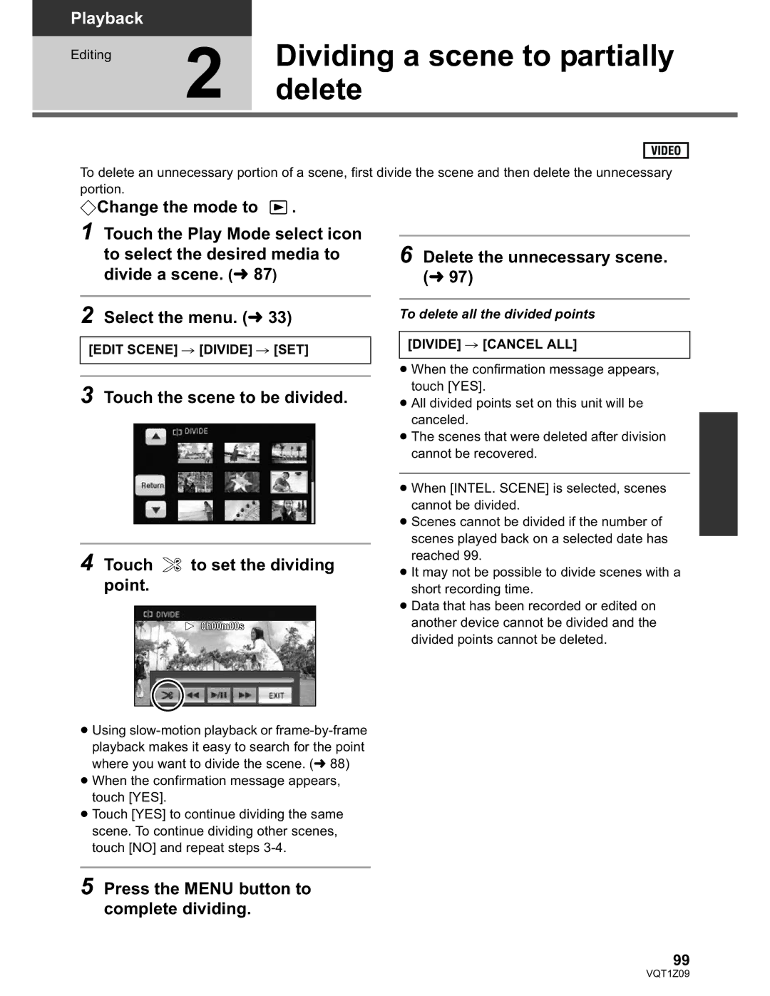 Panasonic HDC-HS300P/PC Delete the unnecessary scene, Press the Menu button to complete dividing, Divide Cancel ALL 