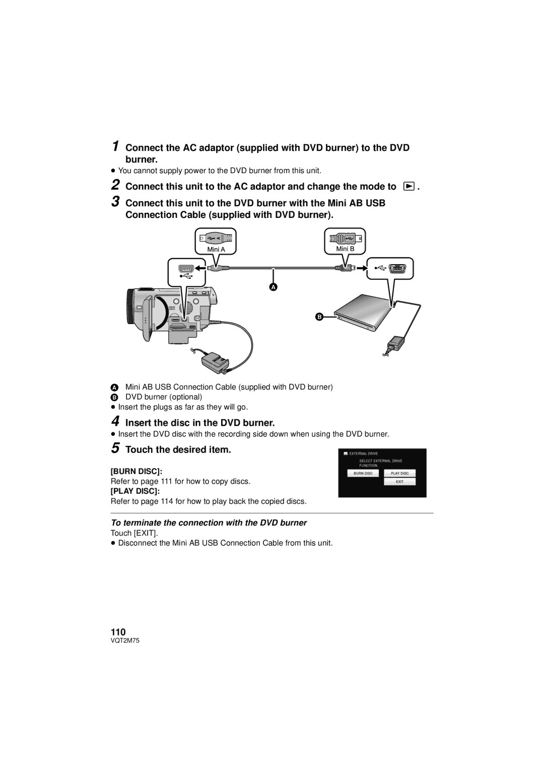 Panasonic HDC-HS700P/PC, HDC-TM700P/PC, HDC-TM700K Insert the disc in the DVD burner, 110, Burn Disc, Play Disc 