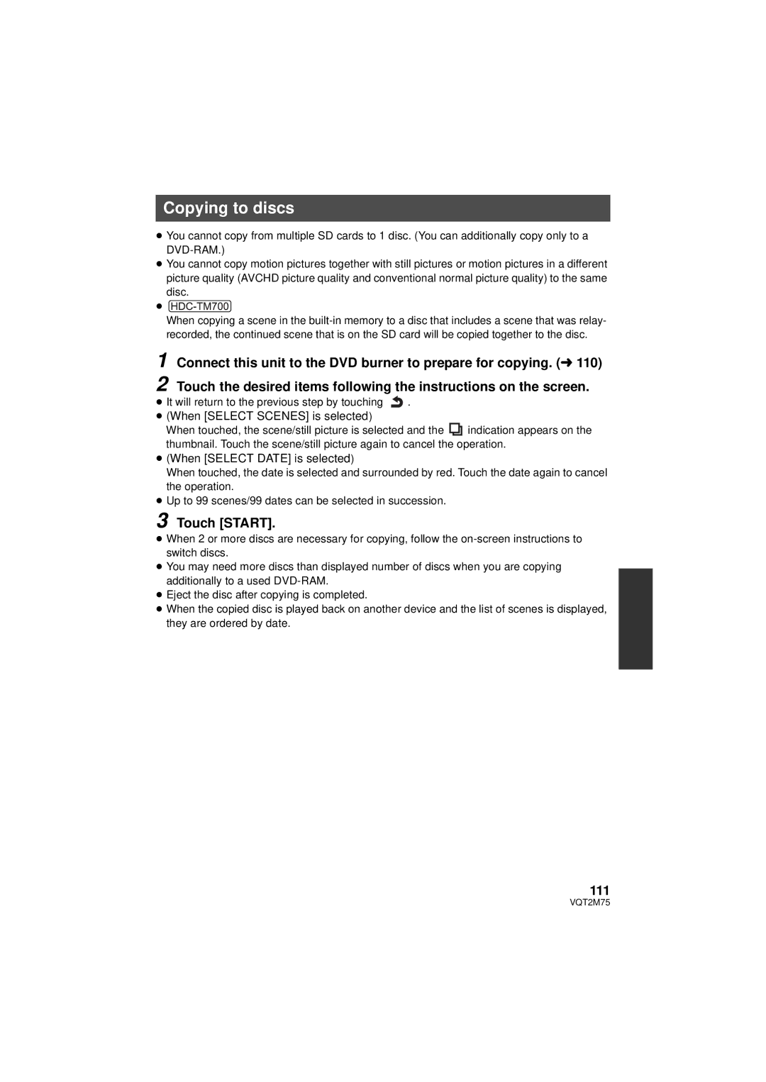 Panasonic HDC-TM700P/PC, HDC-TM700K, HDC-HS700P/PC operating instructions Copying to discs, 111, Disc 