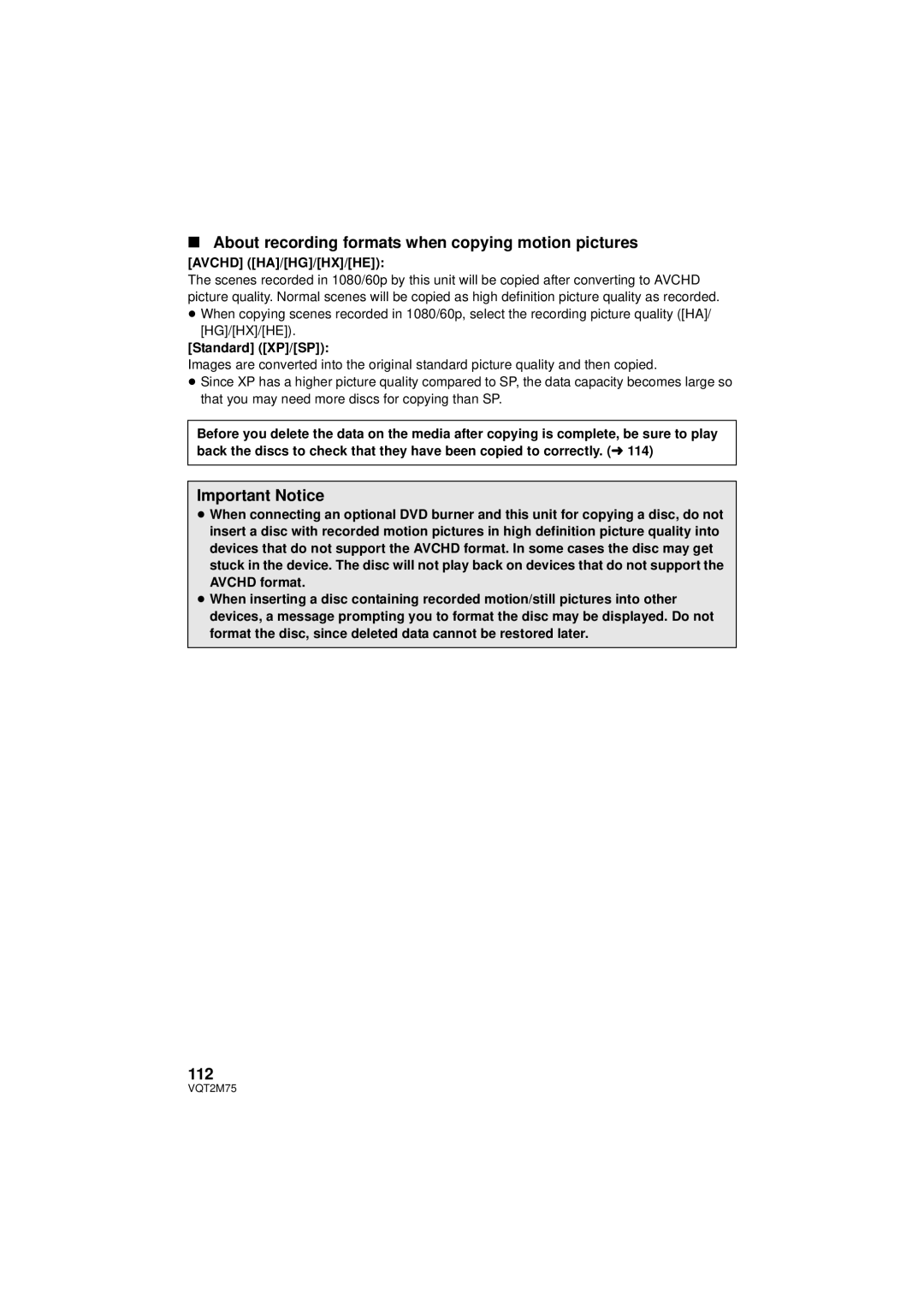 Panasonic HDC-TM700K About recording formats when copying motion pictures, Important Notice, 112, Avchd HA/HG/HX/HE 