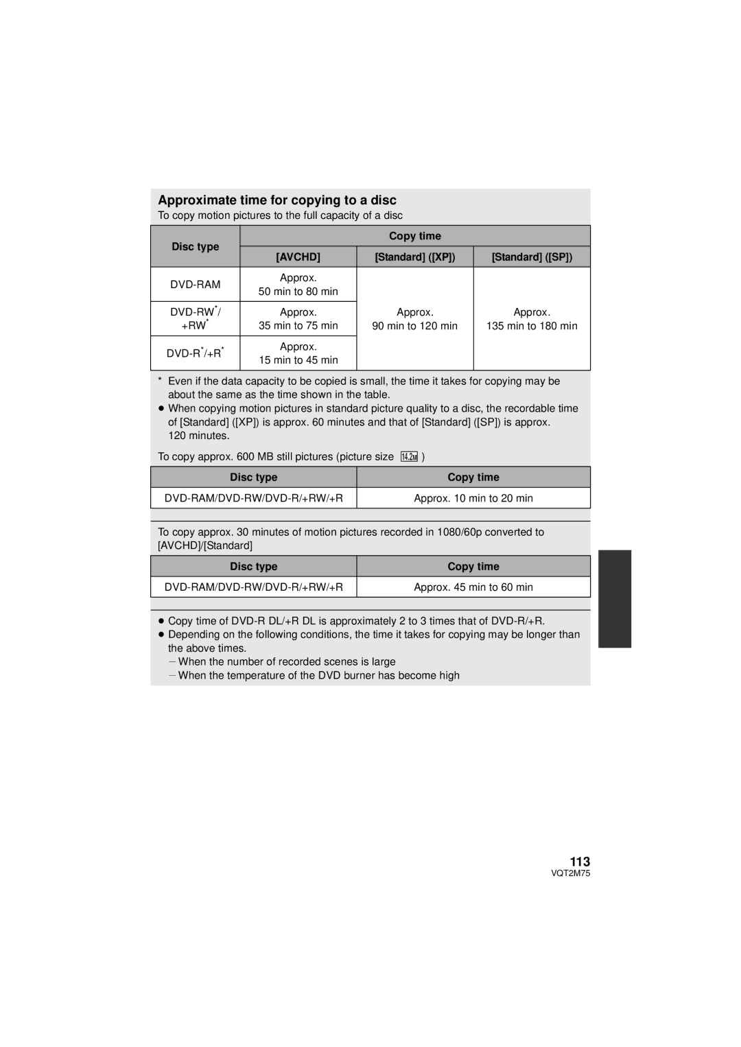Panasonic HDC-HS700P/PC, HDC-TM700P/PC, HDC-TM700K Approximate time for copying to a disc, 113, Disc type Copy time, Avchd 
